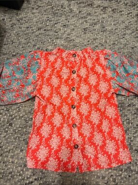 ' Floral Button-Front Top - Coral with Teal Sleeves